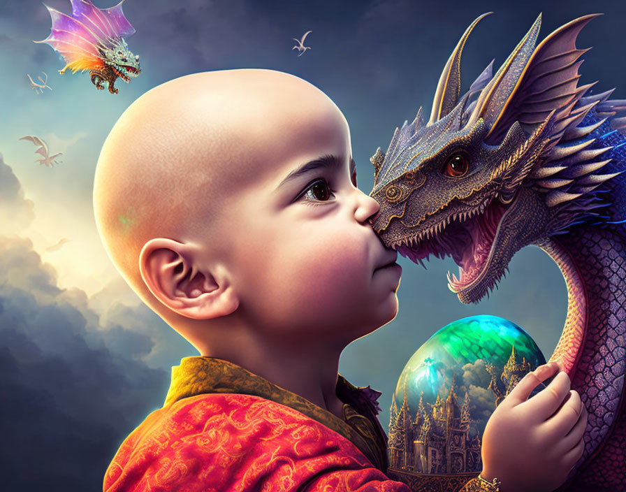 Child and blue dragon under twilight sky with castle orb and flying creatures