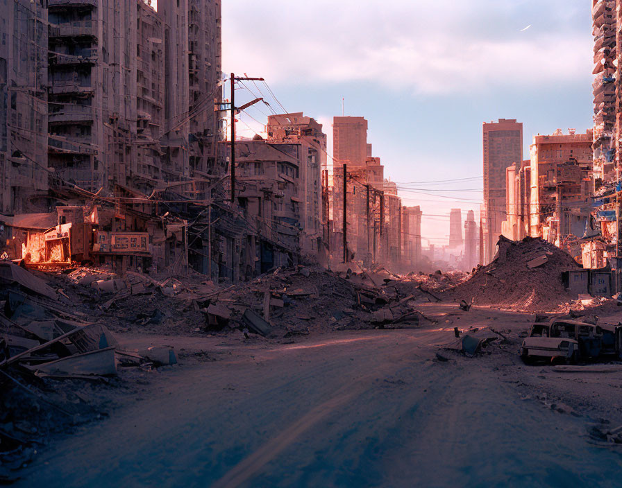 Desolate urban landscape at dusk with destroyed buildings and abandoned vehicles