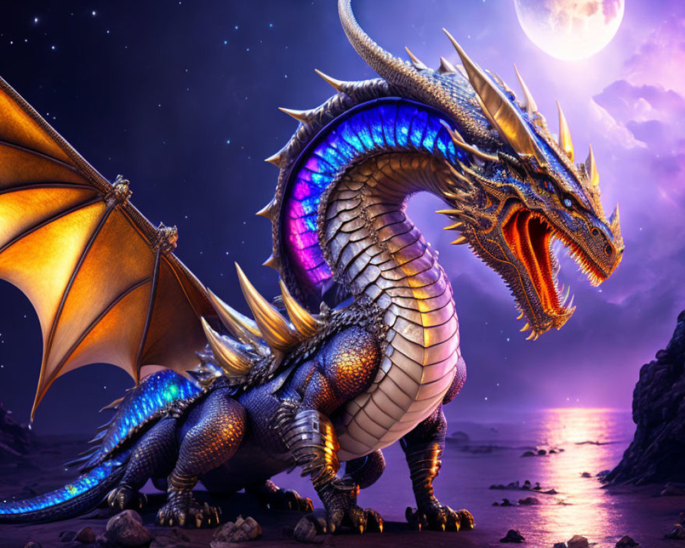 Vividly colored dragon on rocky beach under full moon