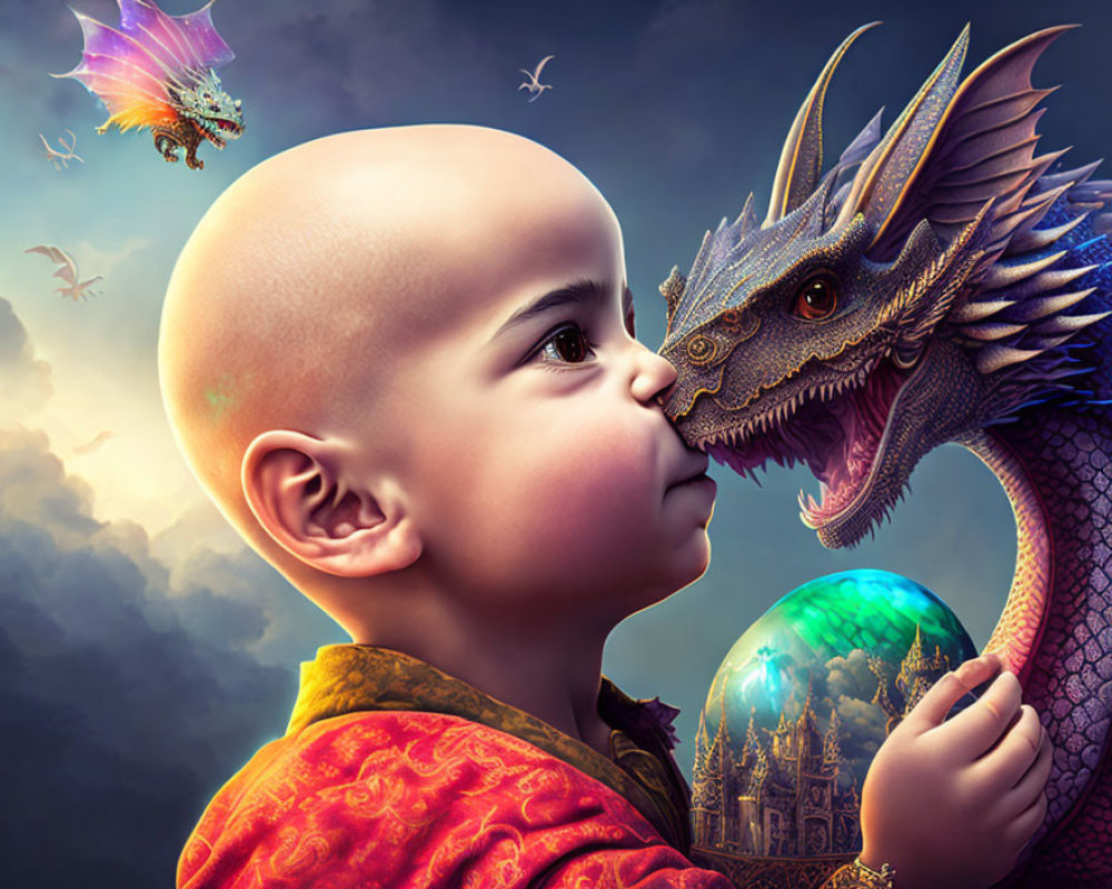 Child and blue dragon under twilight sky with castle orb and flying creatures