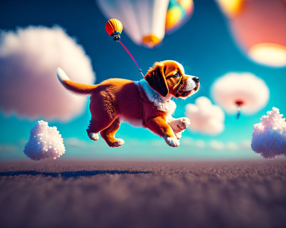 Adorable puppy with red collar floating with balloon in whimsical sky