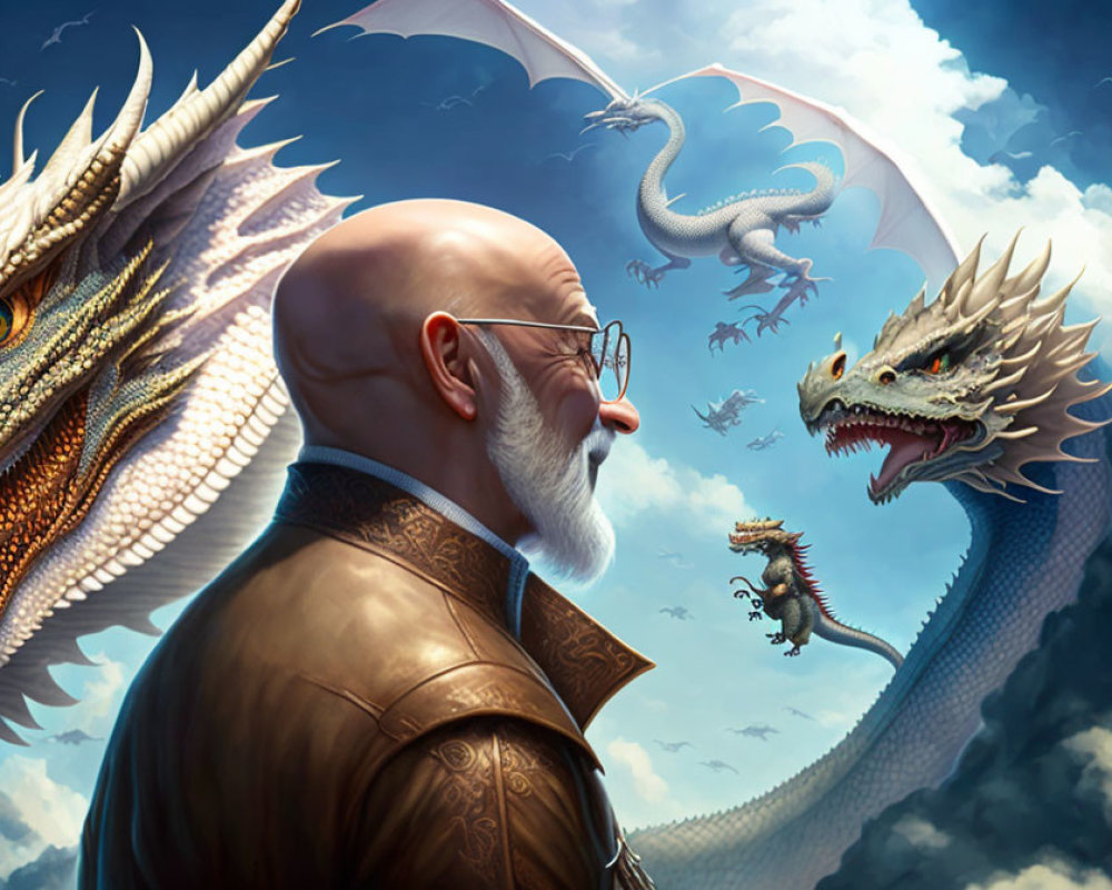 Bald man with beard faces three dragons in fantasy sky