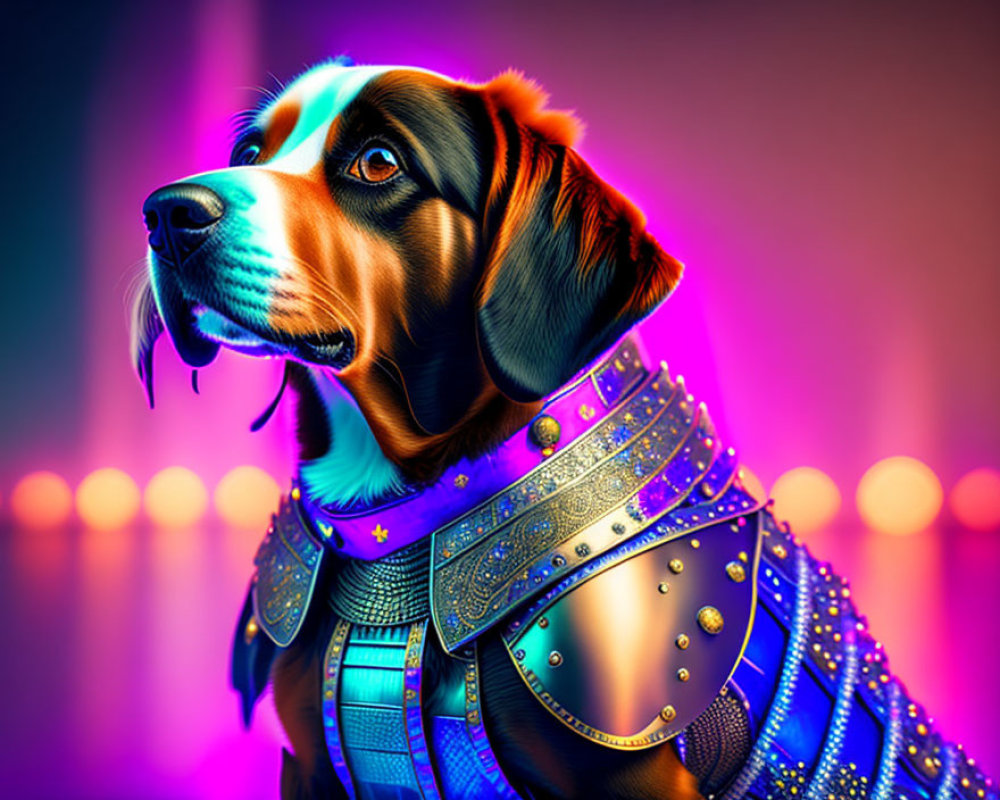 Colorful Digital Art: Dog in Armor with Neon Background