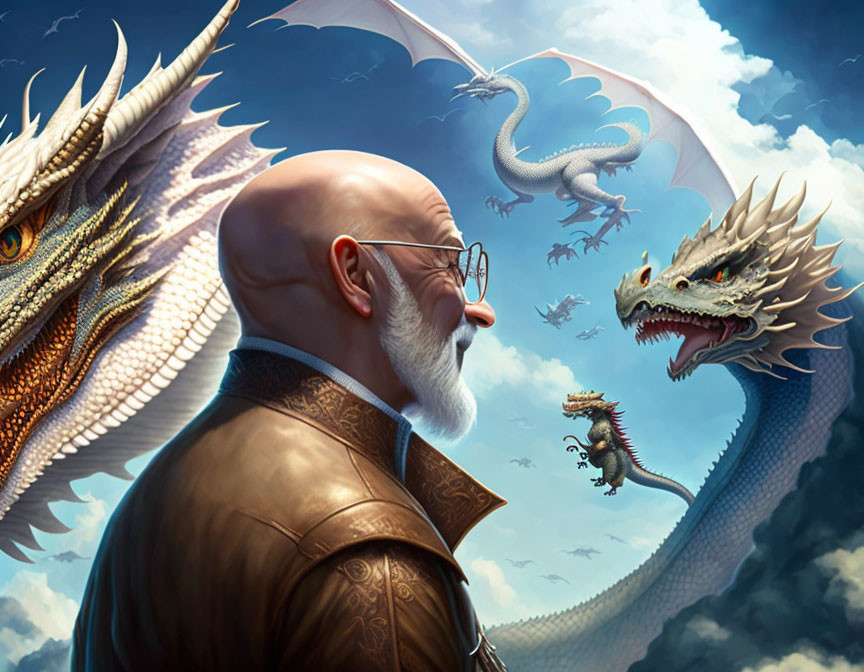 Bald man with beard faces three dragons in fantasy sky