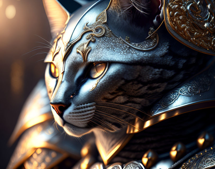 Majestic armored cat with golden embellishments and glowing eyes