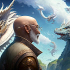 Bald man with beard faces three dragons in fantasy sky