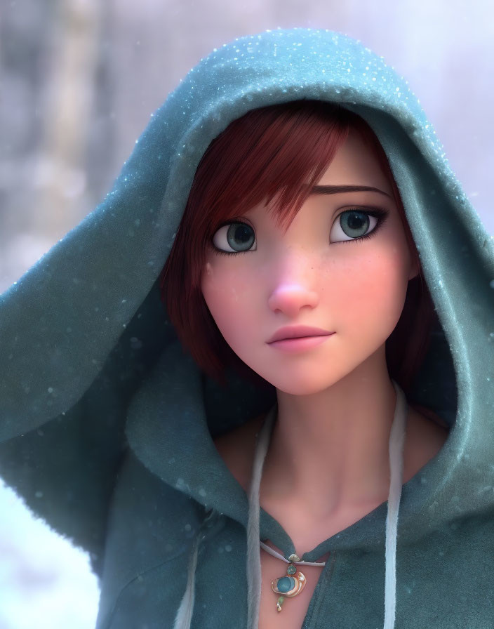 Detailed Digital Art: Young Female Character in Teal Hood, Snowy Setting