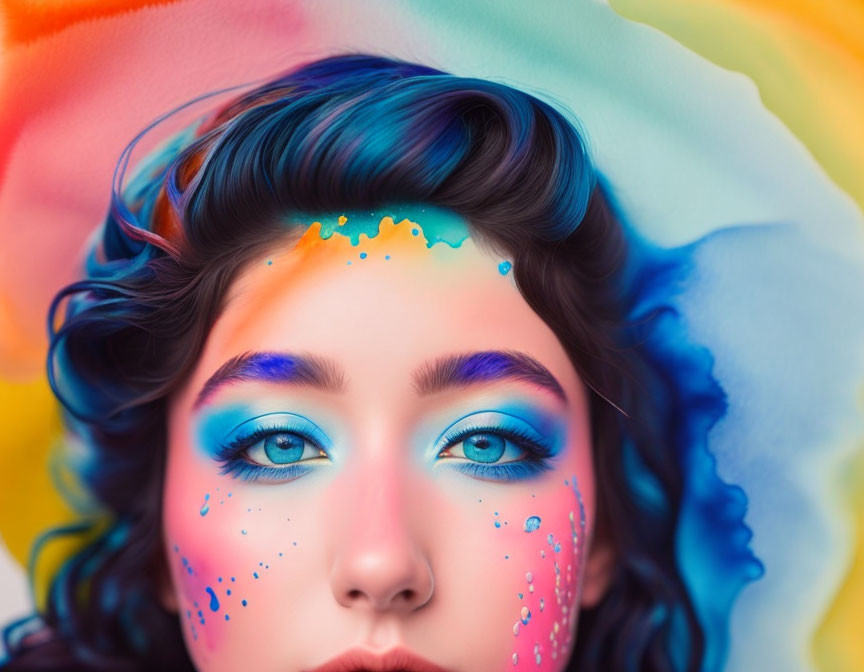 Close-Up Portrait: Blue Eye Makeup, Multicolored Hair, Paint Splashes