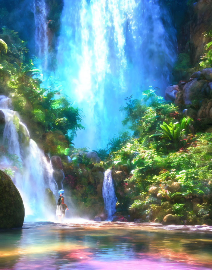 Tranquil waterfall scene with mystical glow and lush foliage