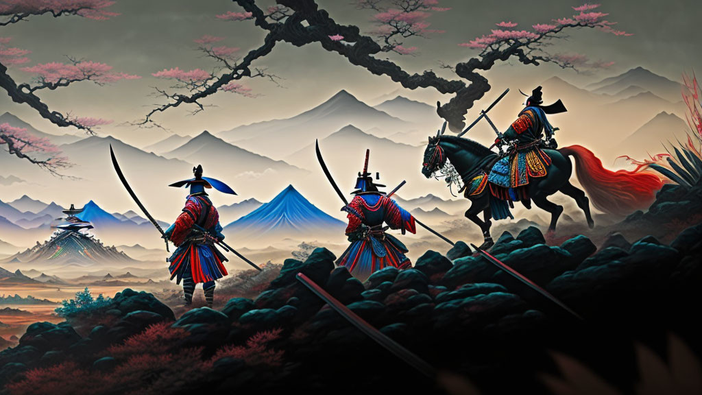 Traditional samurai warriors with drawn katana swords in stylized landscape.