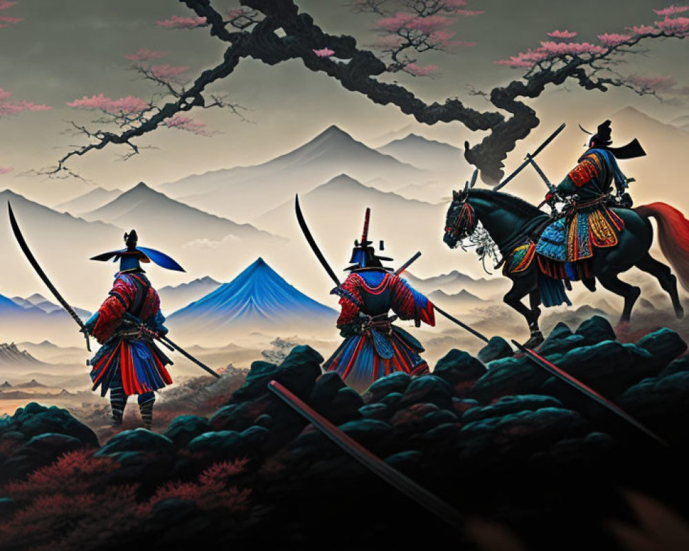 Traditional samurai warriors with drawn katana swords in stylized landscape.