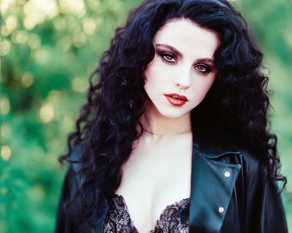 Curly-Haired Woman in Black Leather Jacket and Red Lipstick Outfit