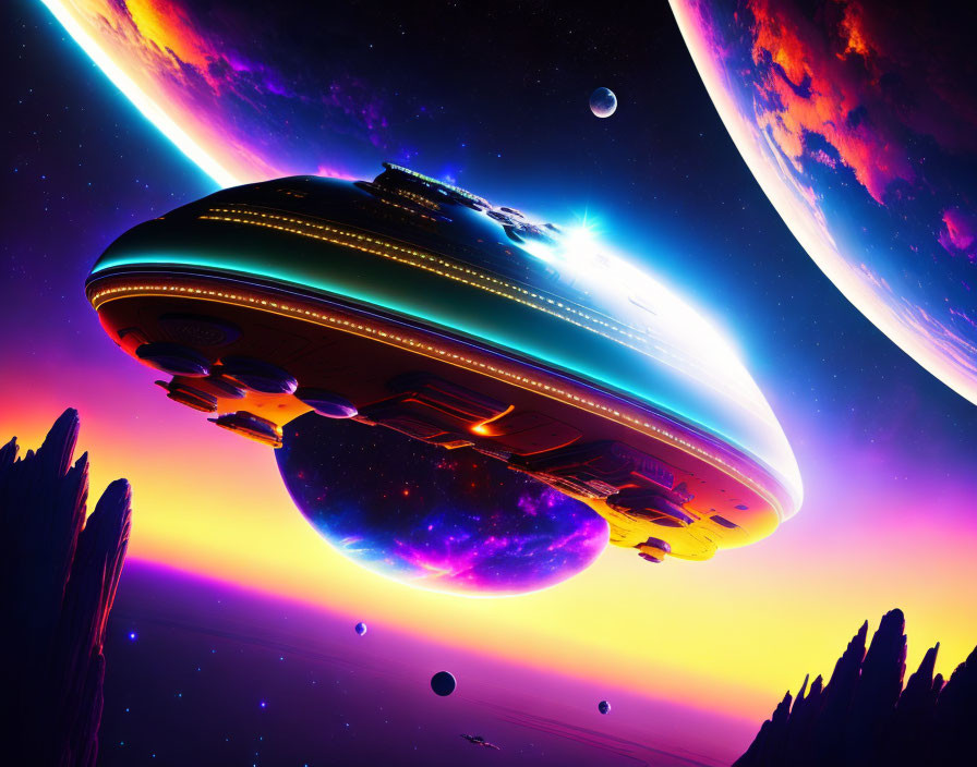 Futuristic spaceship over alien landscape with purple skies