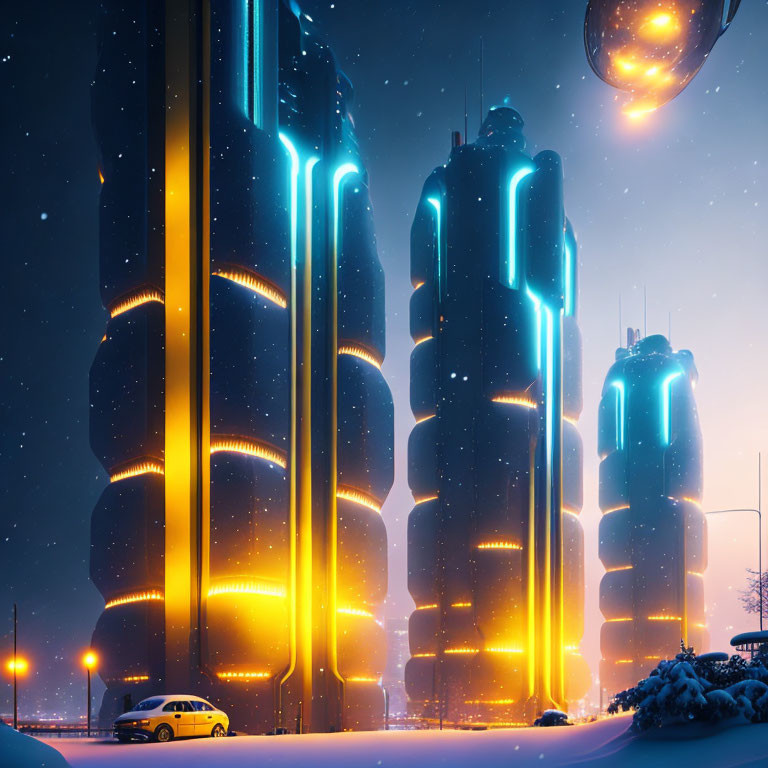 Nighttime futuristic cityscape with neon-lit high-rises, hovering spherical structure, snow-covered streets