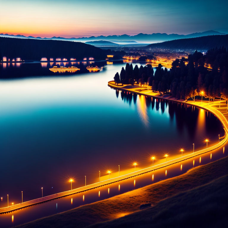 Twilight lakeside road with mountains and blue lake