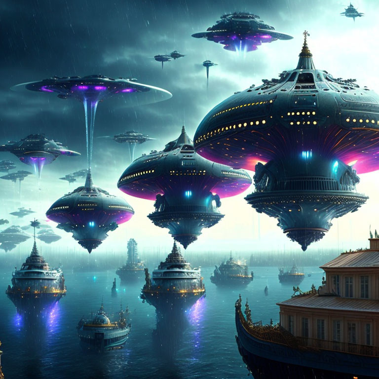 Futuristic cityscape with flying saucers and neon lights over water.