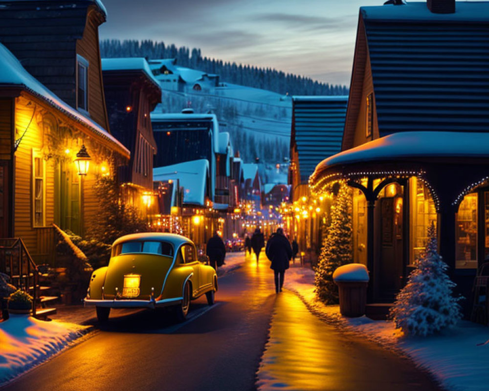 Snow-covered houses and vintage car in charming winter town scene