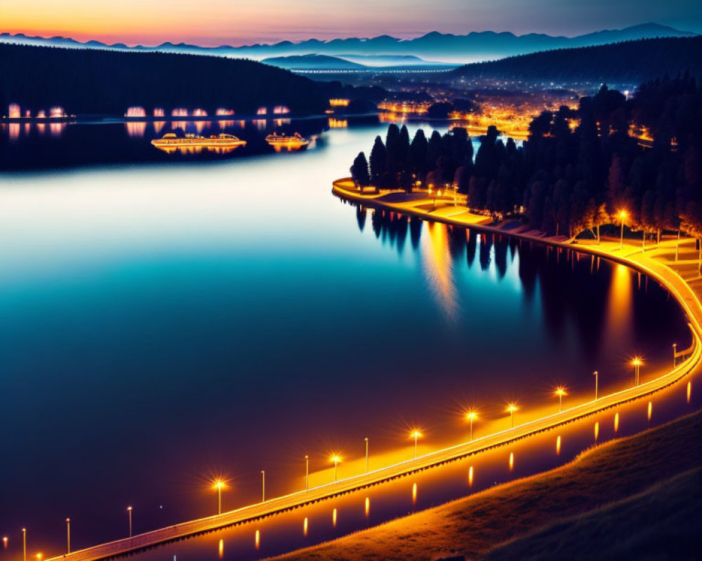 Twilight lakeside road with mountains and blue lake