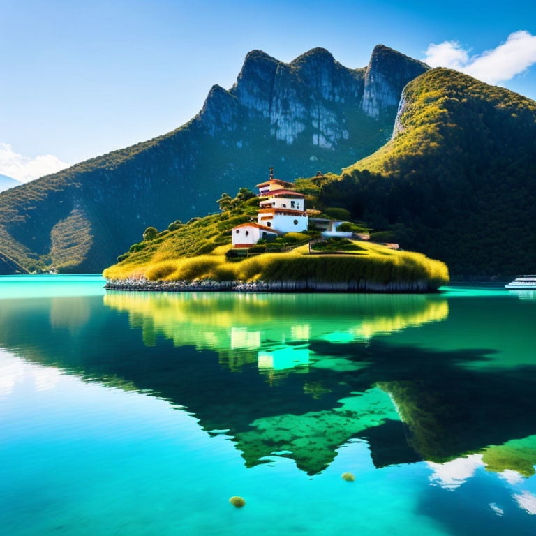 Scenic lakeside view with white house on green island