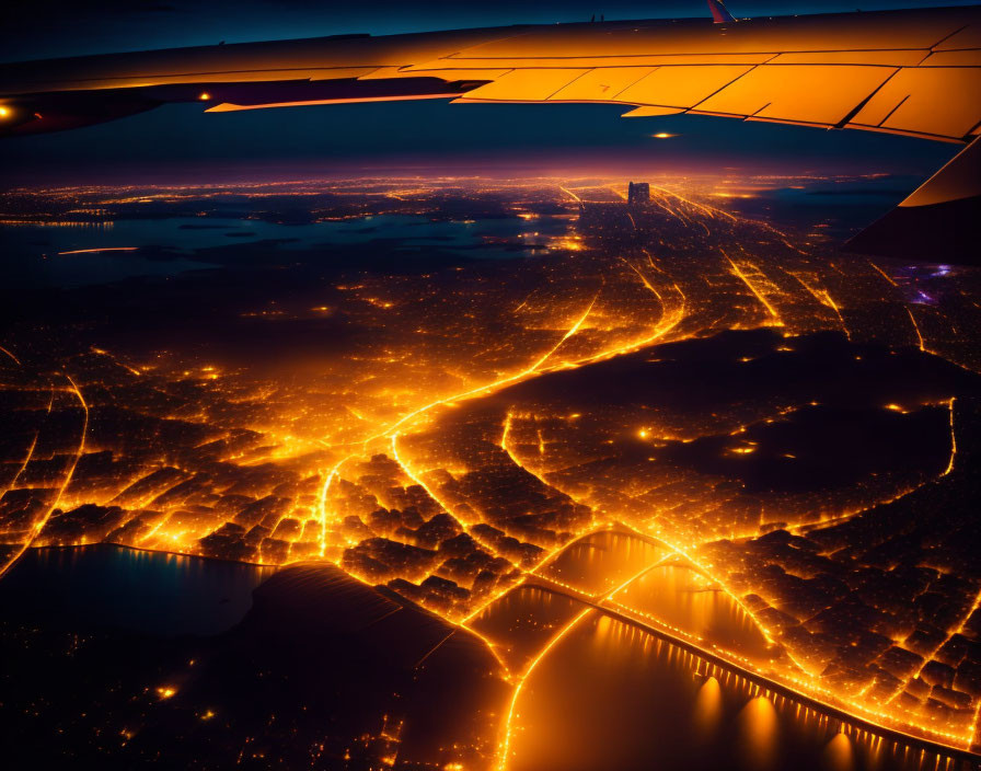 City at Twilight: Aerial View with Illuminated Streets, River, and Airplane Wing