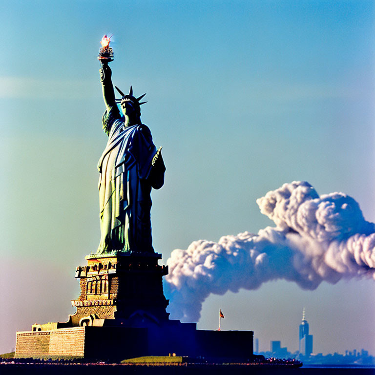 Iconic Statue of Liberty with city skyline silhouette and billowing smoke