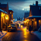 Snow-covered houses and vintage car in charming winter town scene