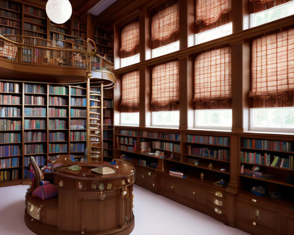 Circular Home Library with Wood Shelves, Second Level, Ornate Table, and Hanging Light