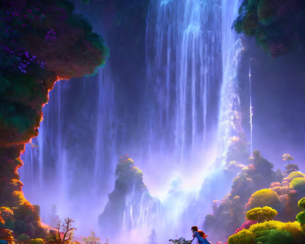 Person admires luminous waterfall in mystical landscape