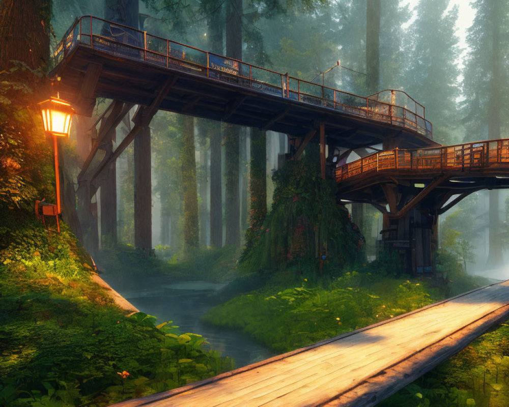 Tranquil forest scene with wooden bridge, misty trees, and glowing lamp post at dawn or