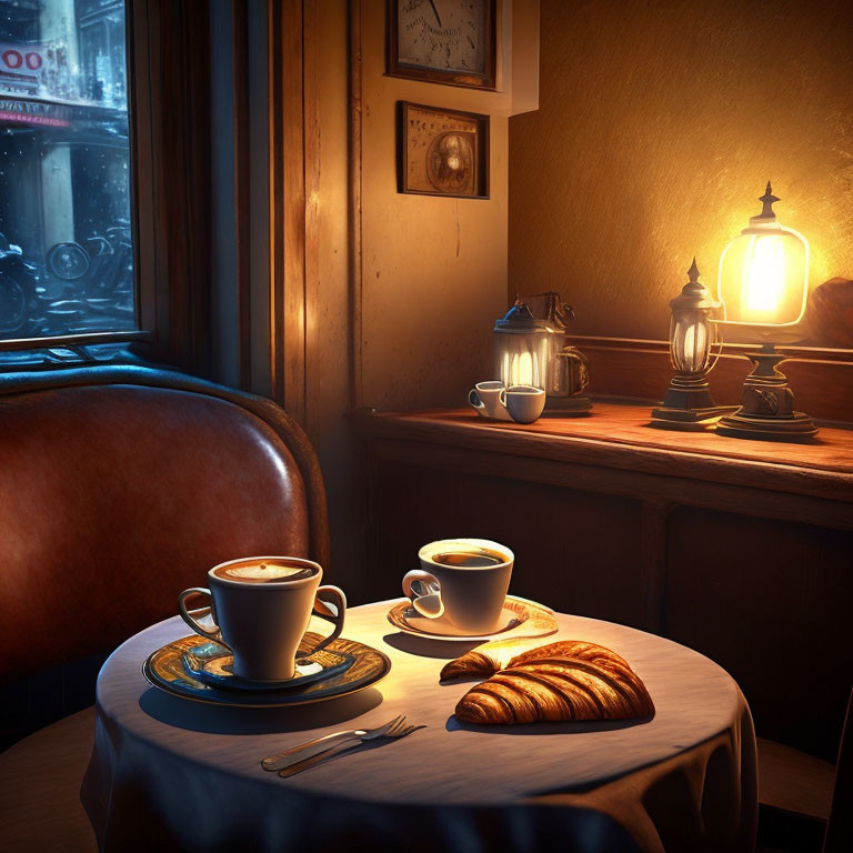 Cozy Coffee Scene with Two Cups and Croissants on Table