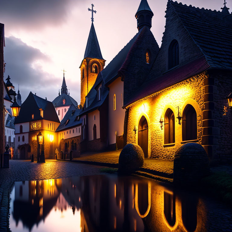 European street at twilight with historic architecture and church spire.