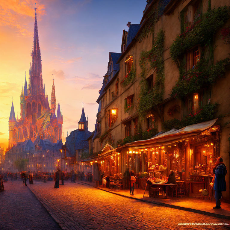 European Street at Sunset with Cathedral, Buildings, and Cafe