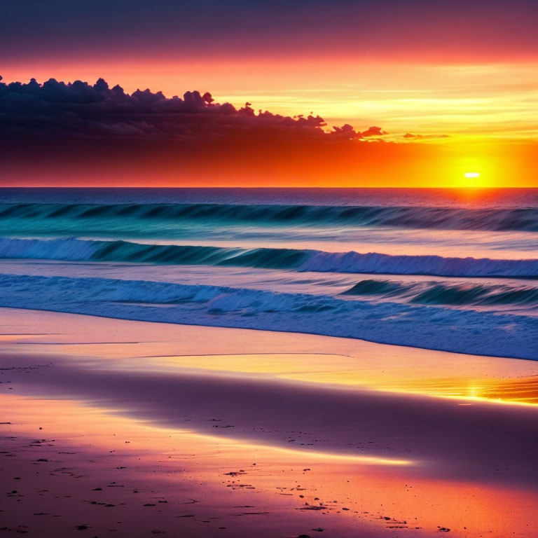 Scenic ocean sunset with crashing waves and colorful clouds