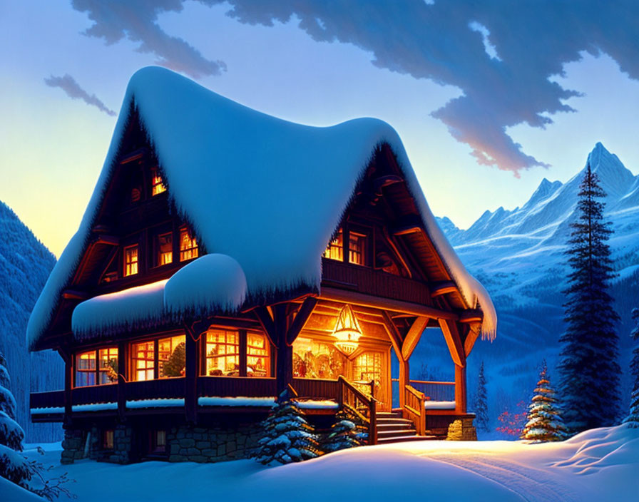 Snowy Cottage Illuminated at Twilight Amidst Mountain Backdrop