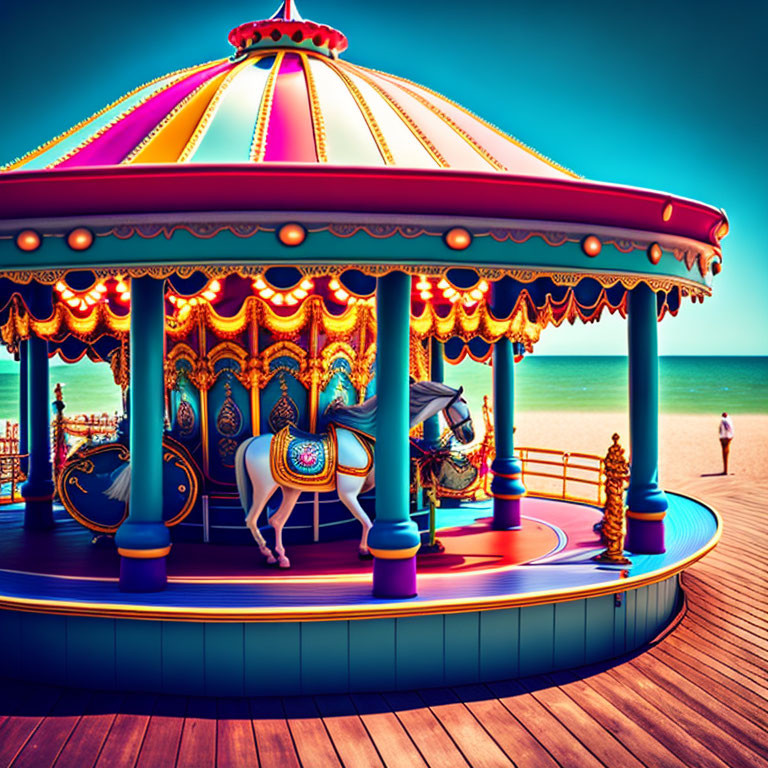 Vibrant carousel on sunny beach with ornate horses and figure walking