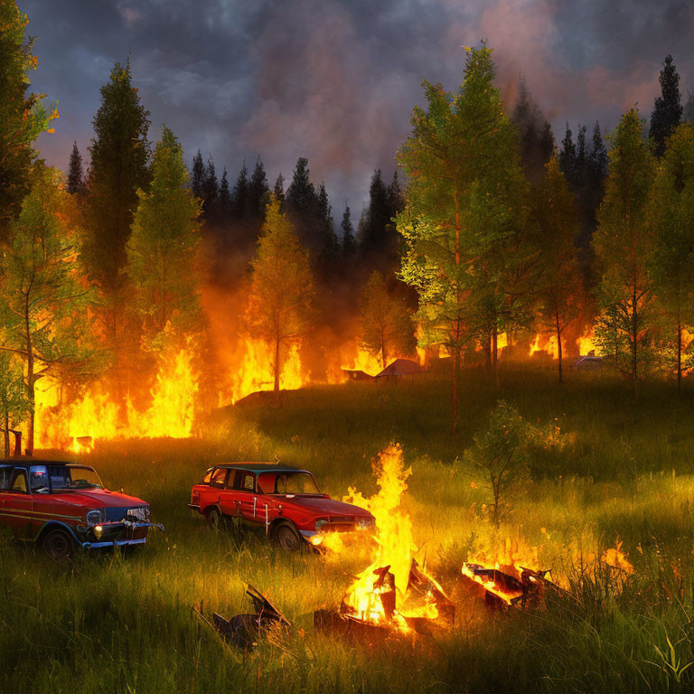 Forest Fire: Smoke, Flames, Abandoned Cars & Trees in Flames