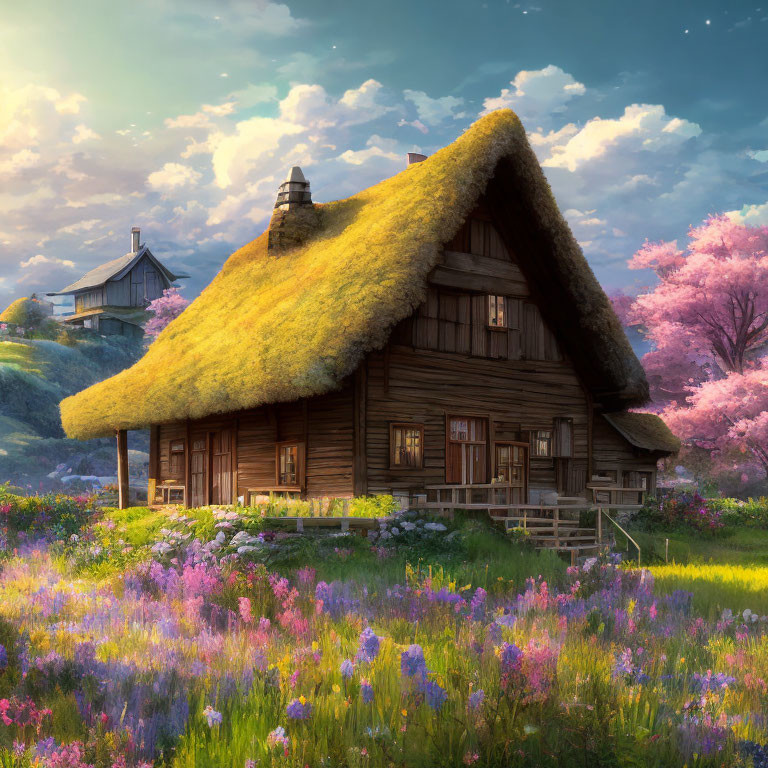 Rustic wooden cottage in wildflower fields at dusk