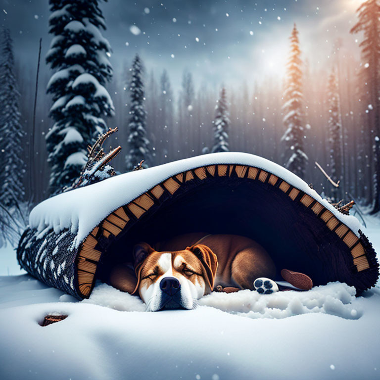 Dog resting in snow-covered log in serene winter forest