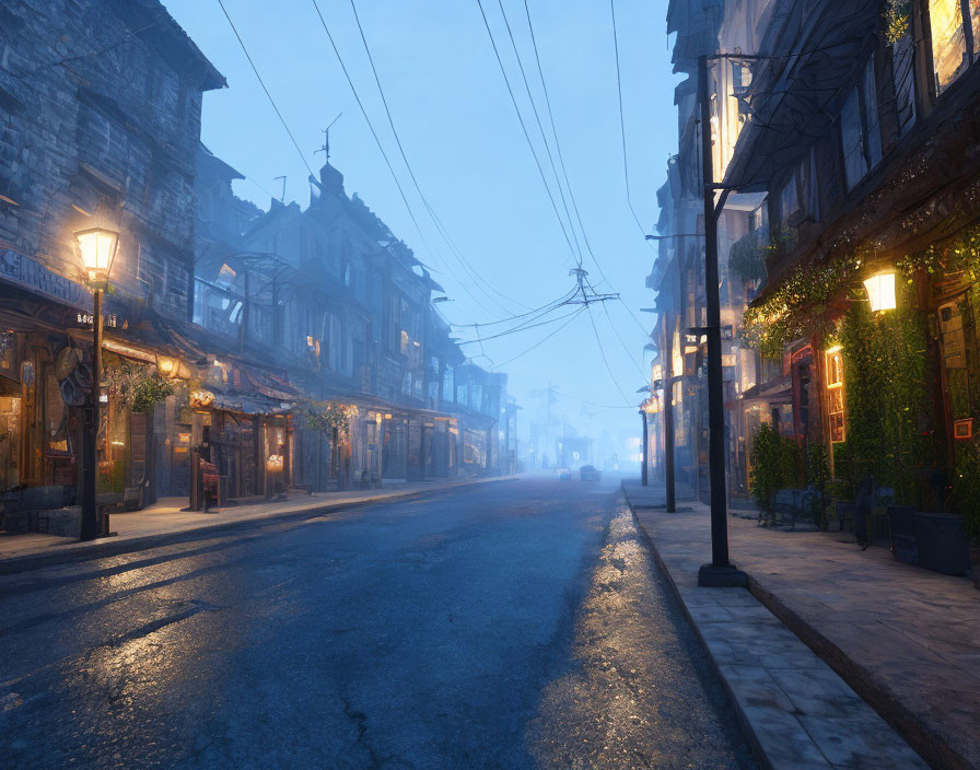 Vintage lampposts light up foggy cobblestoned street at dusk