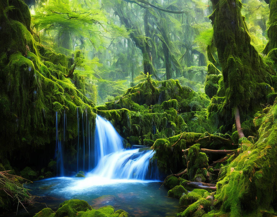 Serene forest scene: mossy waterfall under sunlight