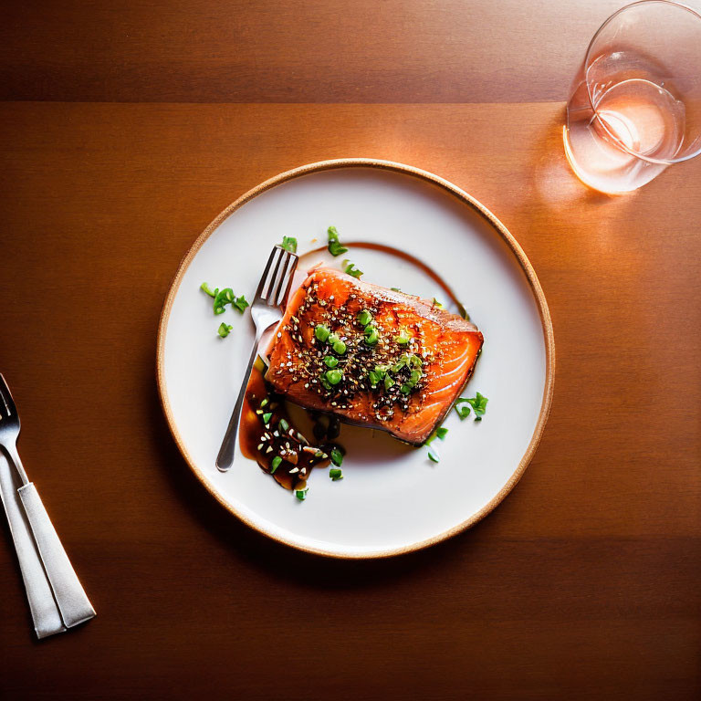 Glazed Salmon Fillet with Sesame Seeds and Herbs on White Plate