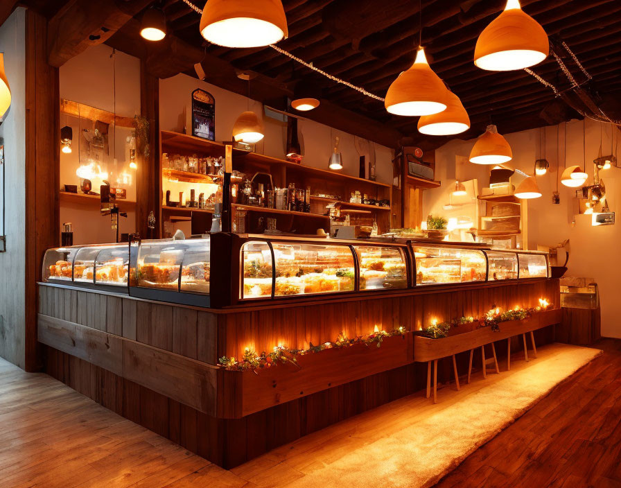 Warmly Lit Bakery Interior with Wooden Decor and Glass Display Case