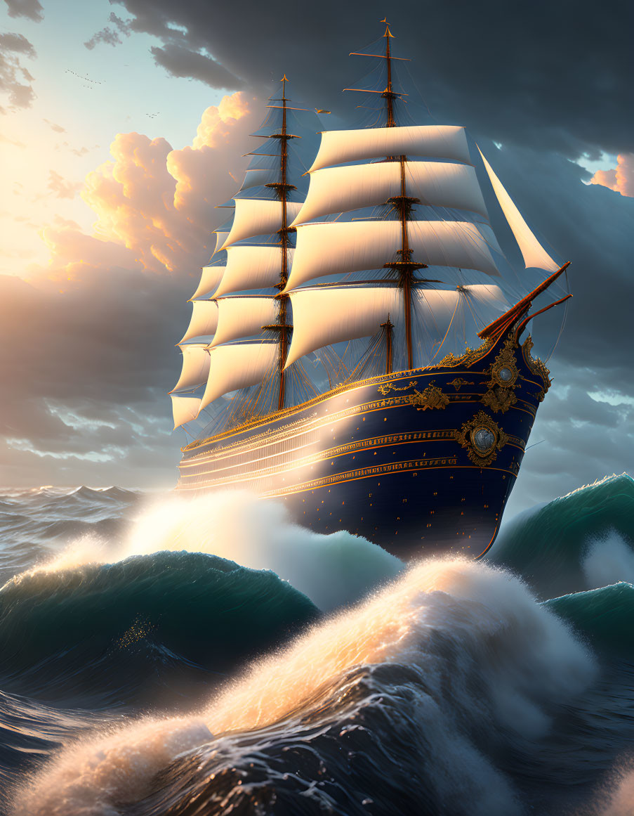 Ornate sailing ship on tumultuous waves under dramatic sky