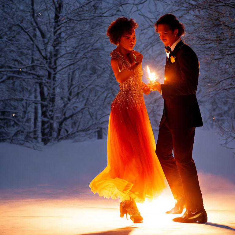 Formal Couple with Light Source in Snowy Forest Twilight