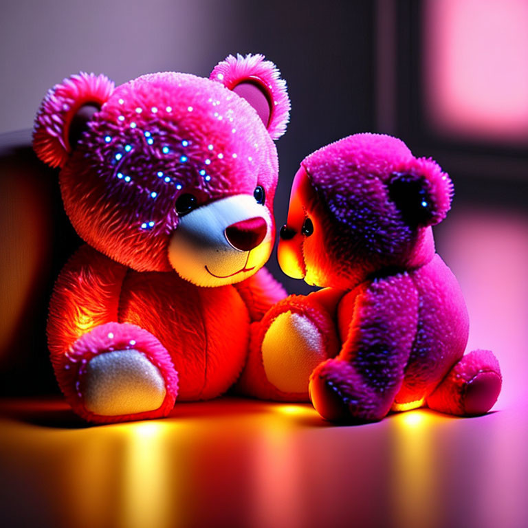 Illuminated pink and purple teddy bears in dark room