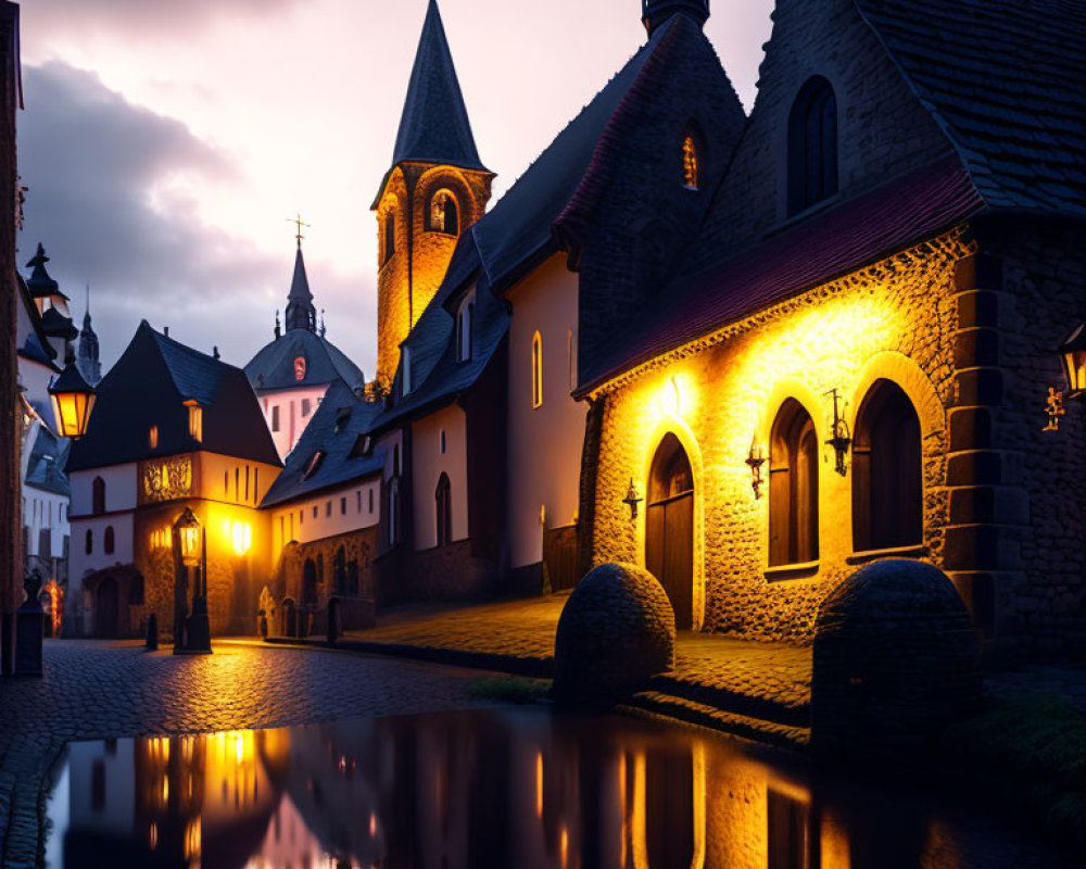 European street at twilight with historic architecture and church spire.