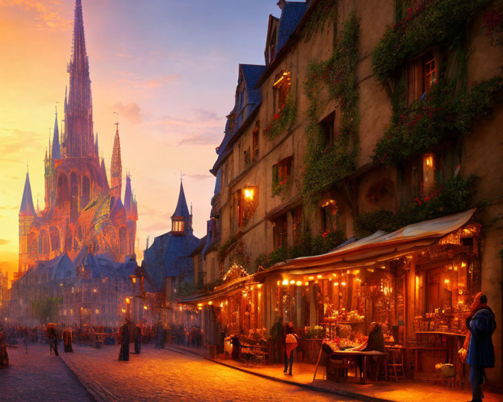 European Street at Sunset with Cathedral, Buildings, and Cafe