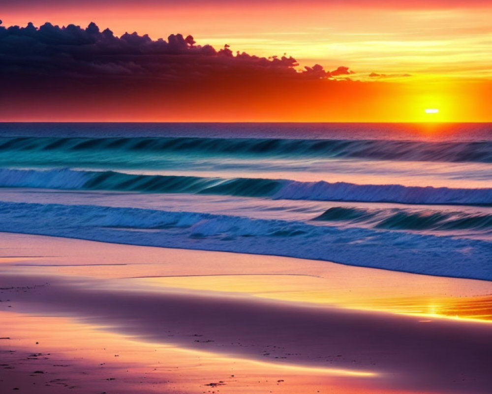 Scenic ocean sunset with crashing waves and colorful clouds