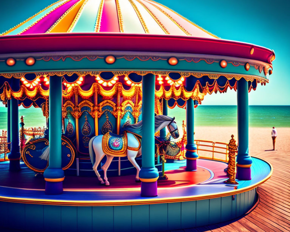 Vibrant carousel on sunny beach with ornate horses and figure walking