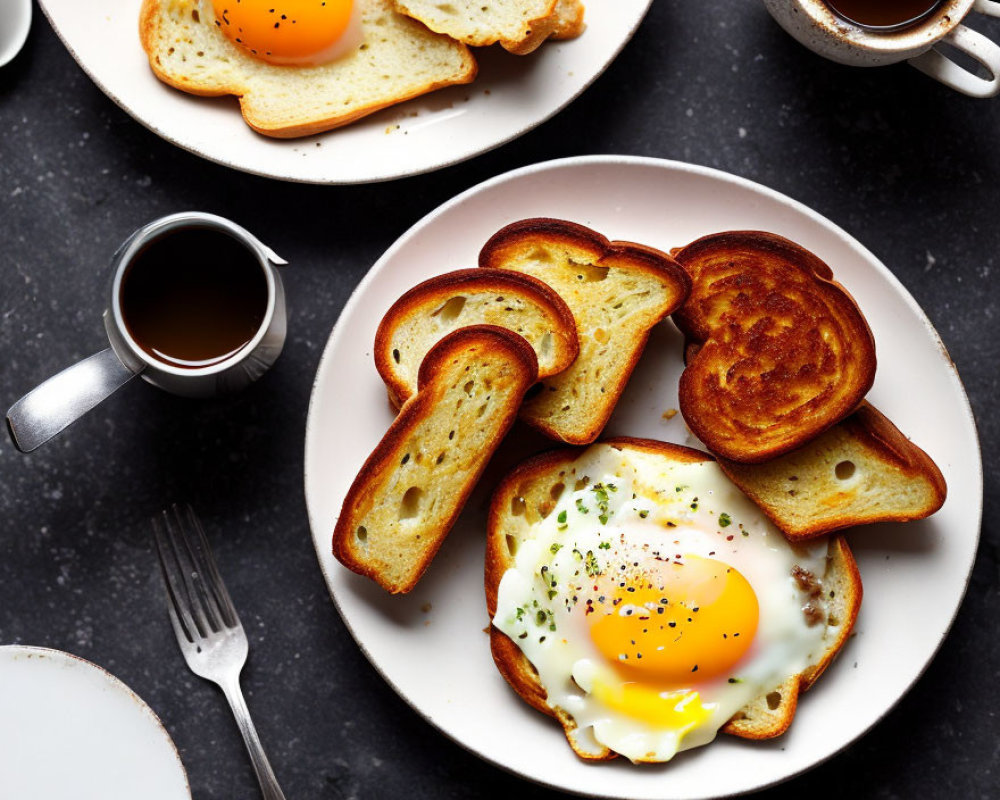 Sunny-side-up eggs, toast, and coffee on dark table